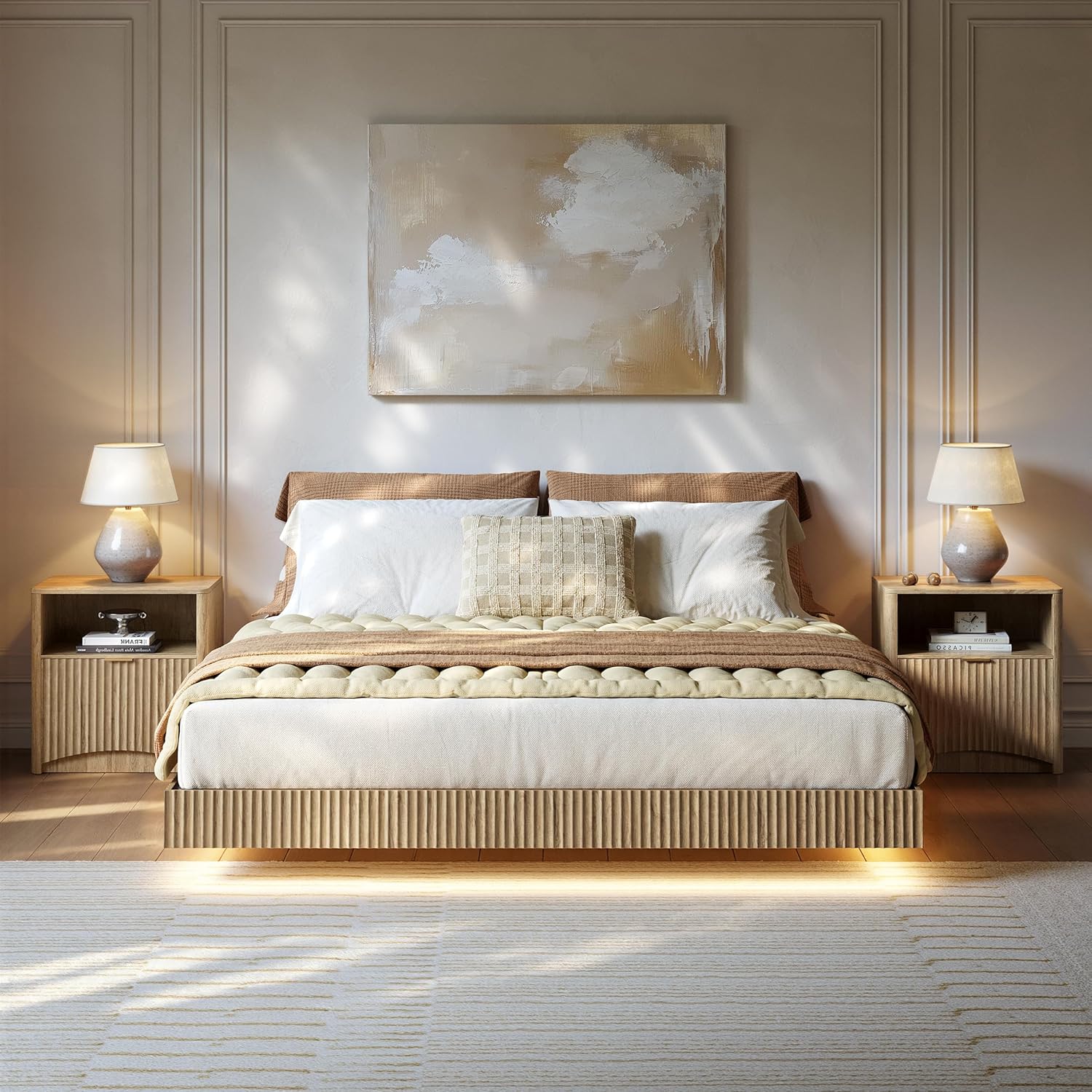 Evermagin Bedroom Furniture Set-Bed with 2 Nightstands, Mid Century Modern Bedroom Set, Floating Bed Frame Led Lights, Fluted Floating Room Furnitures, 3-Piece Room Set (Nbh, Queen)