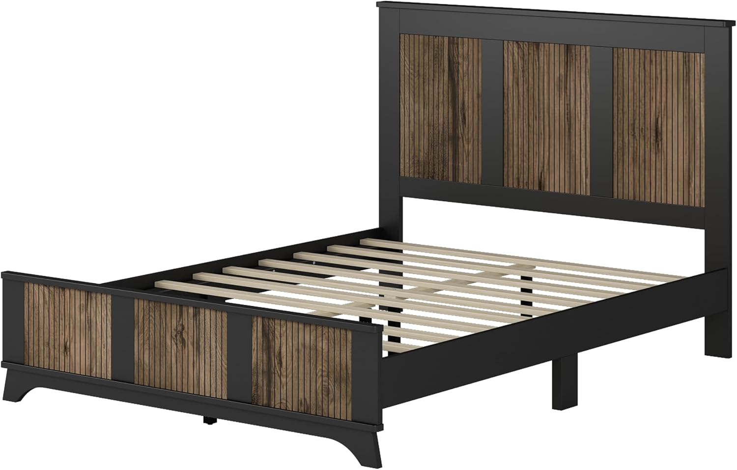 4 Piece Bedroom Furniture Set,Farmhouse Queen Size Platform Bed with Wooden Strip Decoration,2 Storage Nightstand and Dresser with Metal Handles,Wood Bedroom Furniture Set for Home,Bedroom,Black