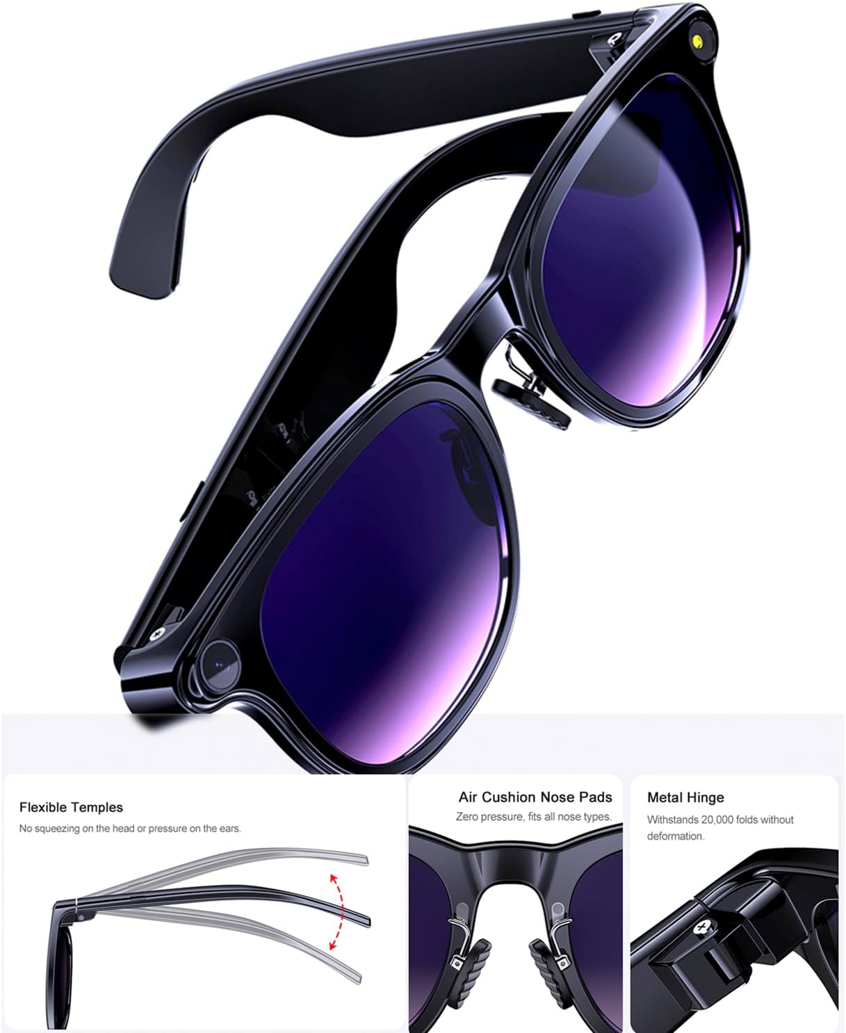 AI Smart Glasses with Camera, 8MP HD Bluetooth Camera Glasses, 1080P Video Recording Sunglasses for Women Men, Real Time Translation, Voice Assistant, Open-Ear Audio for Travel, Work Vlog (3 lenses)