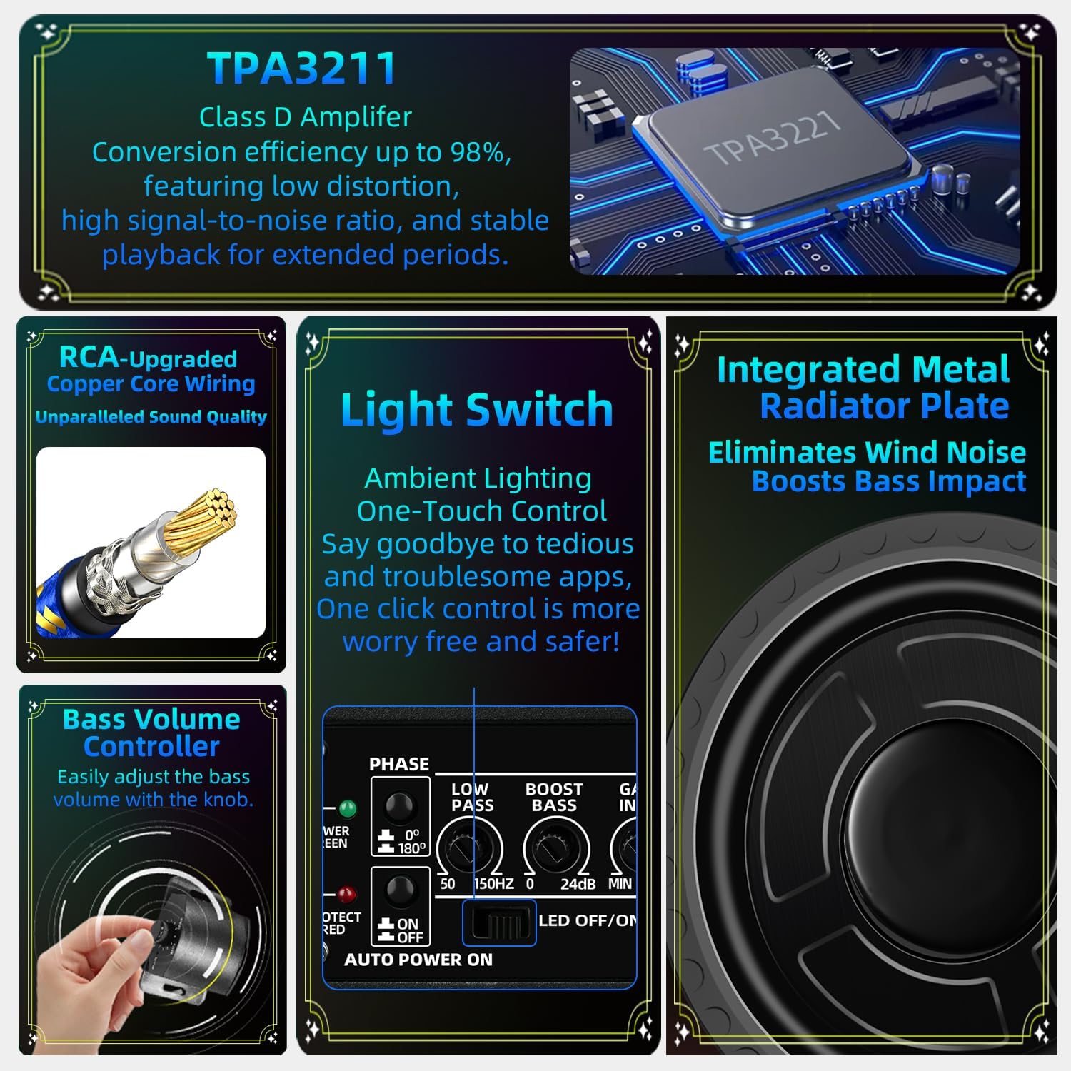 1600W Slim Underseat Subwoofer with Built-in Amp 10 Inch Sub | RGB Ambient Lighting, LPF/Gain/Bass Boost Controls, Individual Controls, Distortion-Free Deep Bass | Universal Fit for All Car