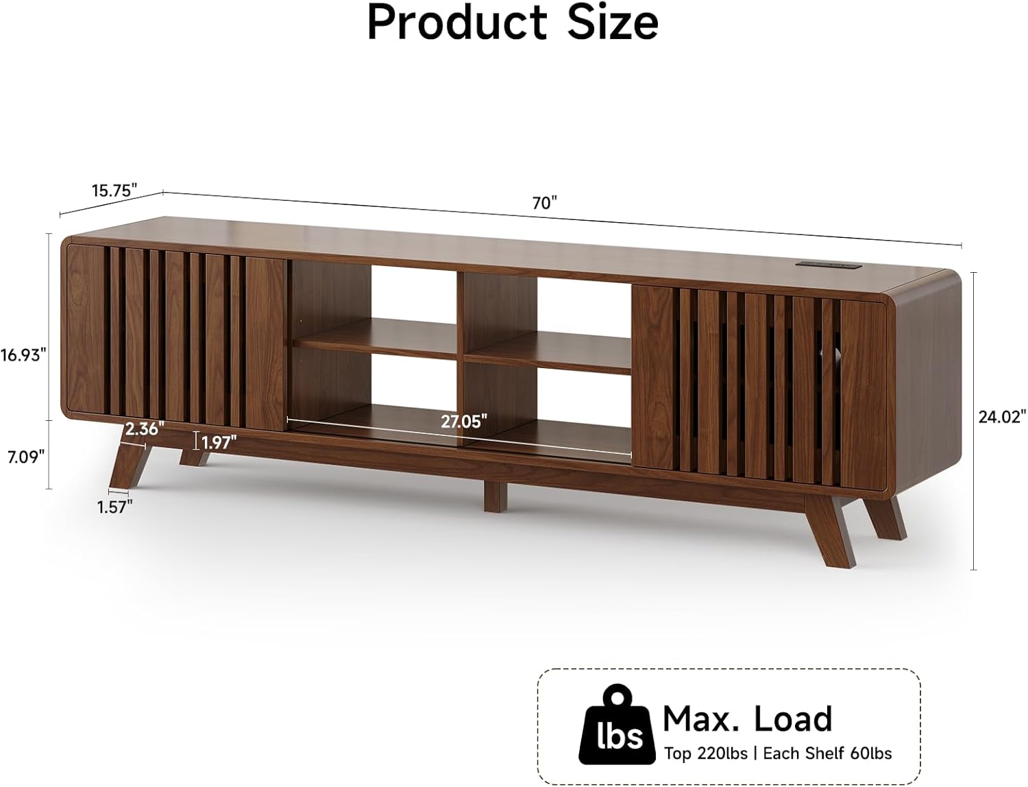 ONBRILL 70-Inch TV Stand for TVs up to 80 Inch, Mid-Century Modern Television Stand with Power Outlet . Entertainment Center with Sliding Grille Door Cabinets and Open Shelves for Living Room, Walnut