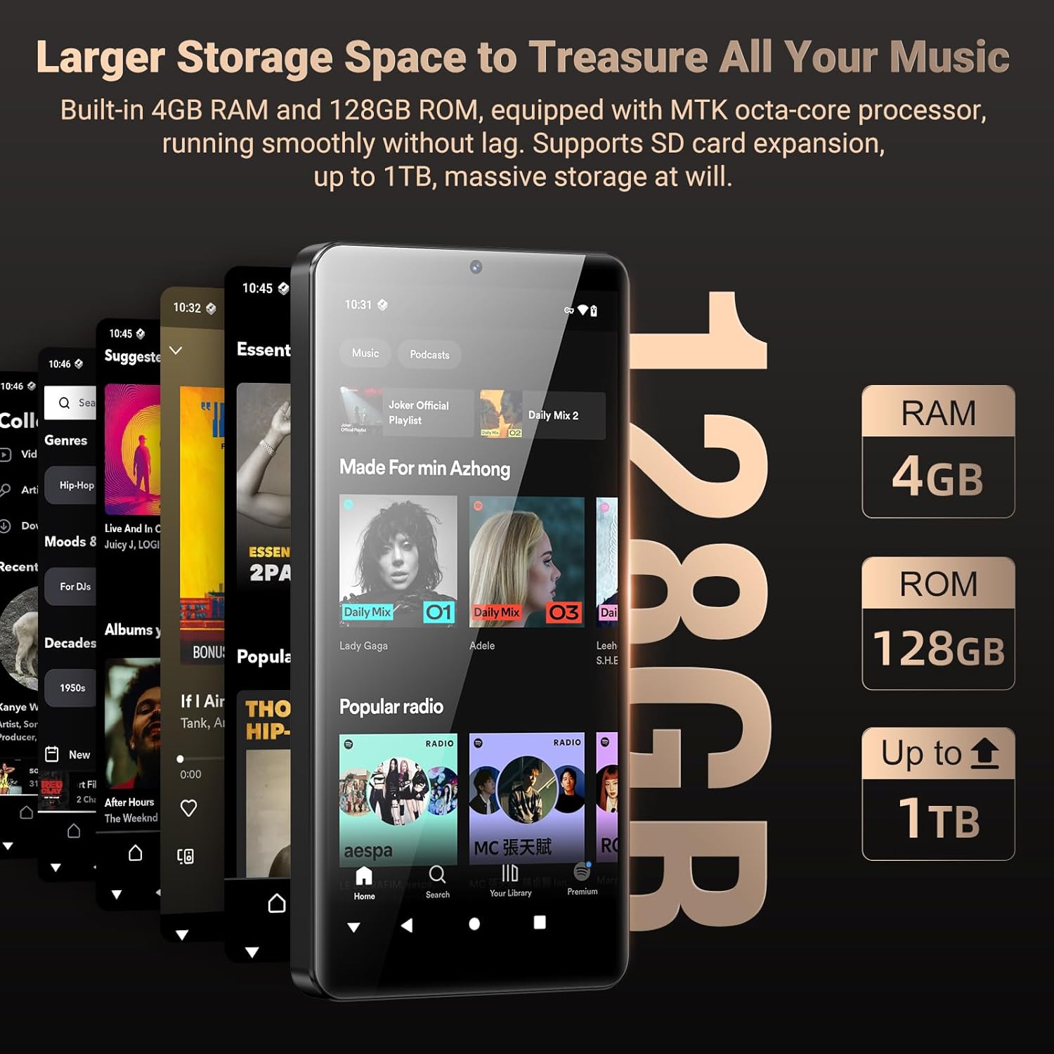 Oilsky 128GB MP3 Player with Bluetooth and WiFi, Android 13.0, 5.5" HD Touchscreen, 13MP Camera, Preloaded Spotify, Pandora, 1TB Expandable & Parental Controls