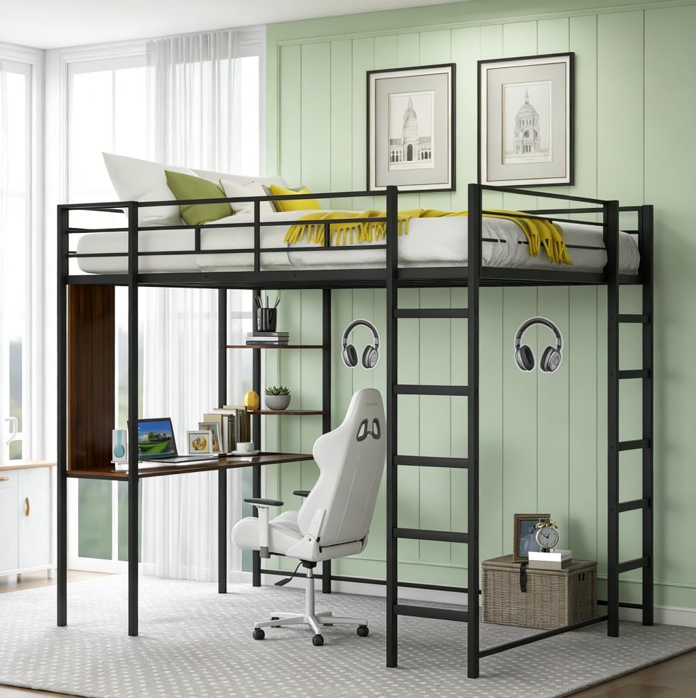 Bellemave Full Size Loft Bed with Desk and Storage Shelf and Ladder, Metal Full Size Loft BedFrame,Black