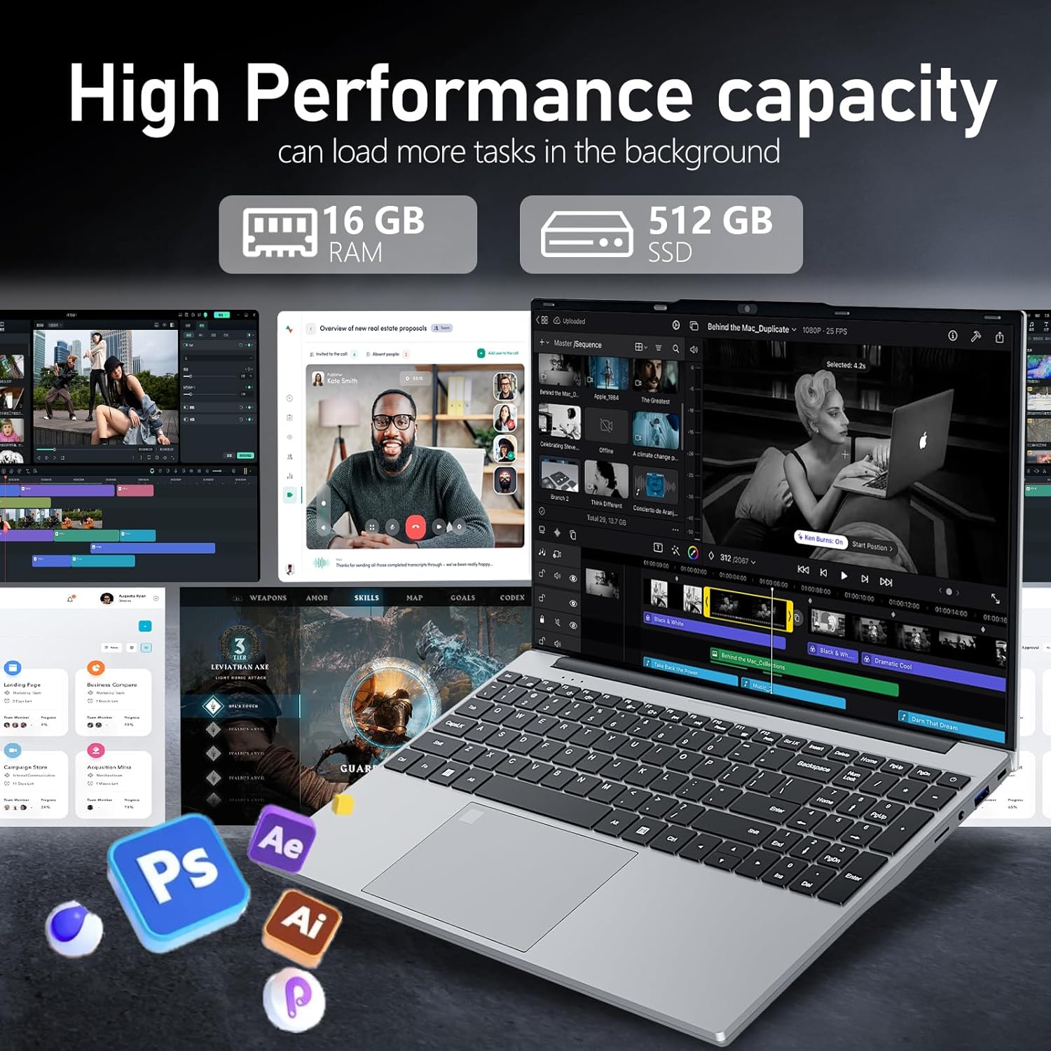 15.6 inch Laptops 16GB RAM DDR4 512GB SDD Portable Laptop Computer Cerelon N5095 Processor FHD 1920 * 1080 Laptop PC with Touch ID, WiFi5, BT4.2, USB 3.0,Traditional Laptops Computer