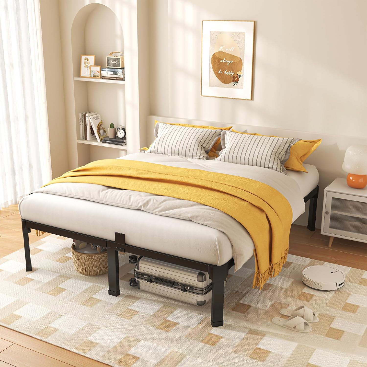 ROIL 14 Inch Full Size Bed Frame with Mattress Slide Stopper - Double Black Basic Anti Squeak Steel Slats Metal Platform, Heavy Duty Noise Free Easy Assembly Bedframes, No Box Spring Needed