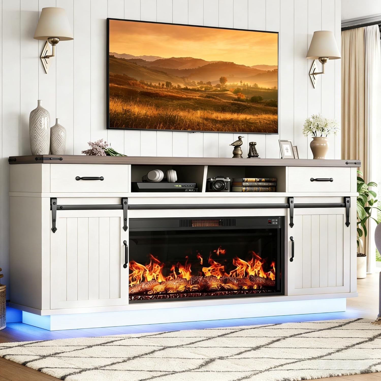 Jocoevol 70'' Fireplace TV Stand with 36'' Electric Fireplace, Tall Farmhouse TV Stand for 65/75 Inch TV, Entertainment Center TV Console with 2 Drawers, Sliding Barn Door for Living Room - White