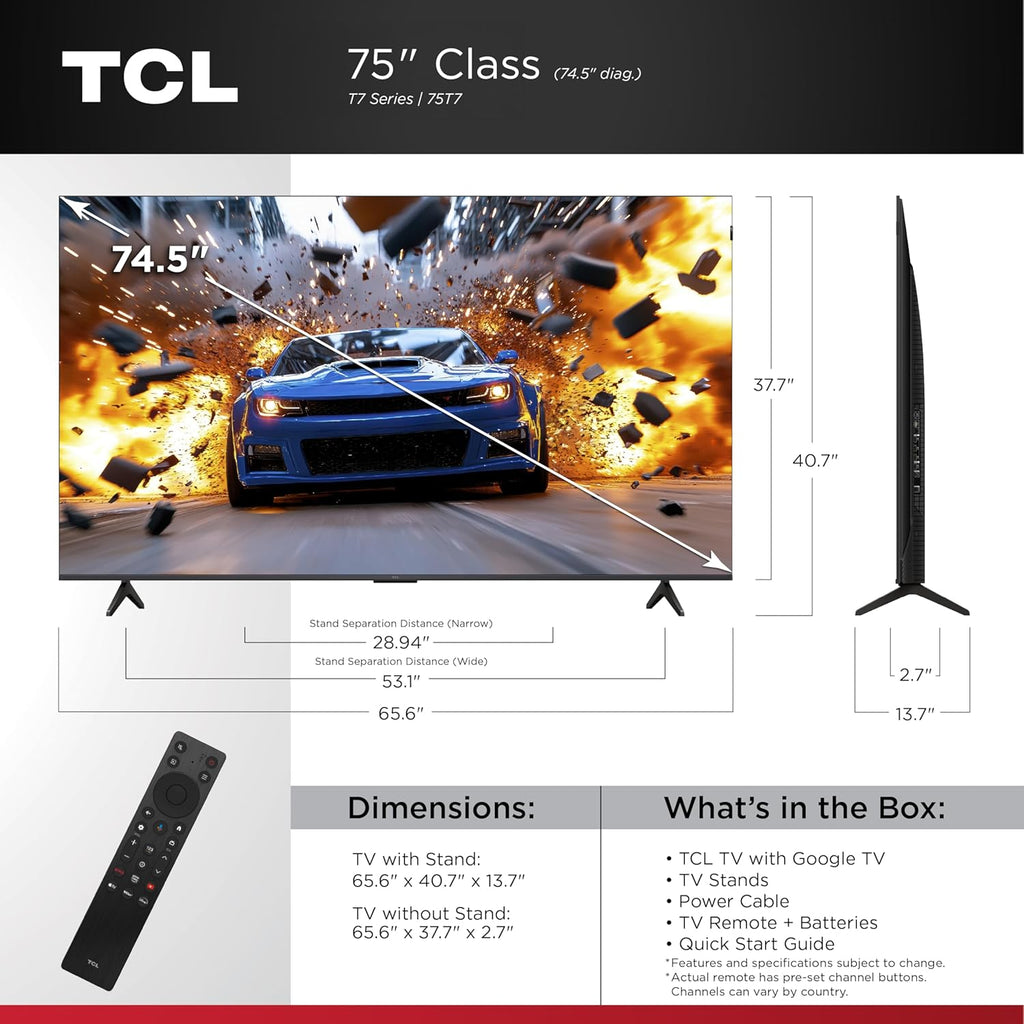 TCL Amazon Exclusive 75 Inch Class T7 Series | 4K QLED HDR Lag-Free Smart Google TV | 75T7, 2025 Model | 120Hz-144Hz High Brightness, Dolby Atmos, Alexa Voice Remote AI Streaming Gaming Television