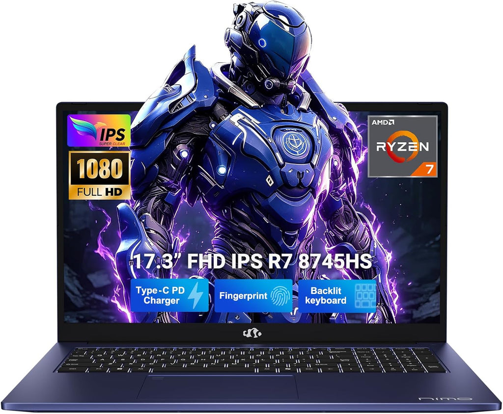 NIMO 17.3" IPS-Gaming-Laptop, AMD Ryzen 7 8745HS Up to 4.9GHz Beat R9 7940HS 16GB RAM 512GB SSD Radeon 780M-Graphics, WiFi 6E USB4 Backlit Keyboard Fingerprint, Win 11 PC for Work & Play 2-Yr Warranty