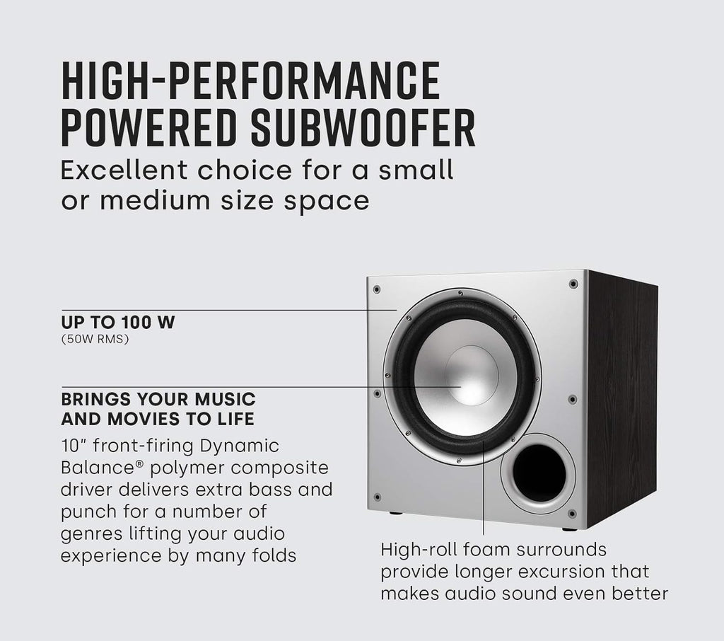 Polk Audio PSW10 10" Powered Subwoofer Home Audio – Power Port Tech, Up to 100 Watts, Big Bass in Compact Design, Easy Setup with Home Theater, Timbre-Matched with Monitor & T-Series Polk Speakers