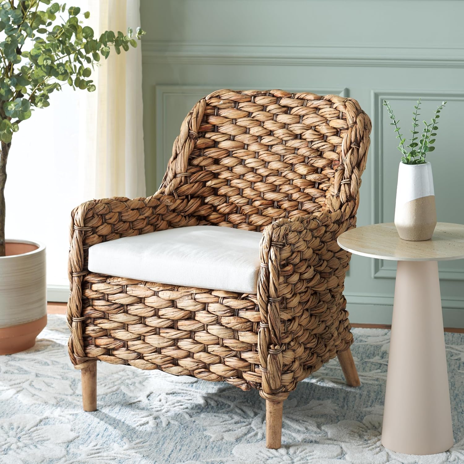 SAFAVIEH Home Collection Purrl Tropical Coastal Brown Wash Solid Wood Hyacinth Accent Chair with Cushion (Fully Assembled)