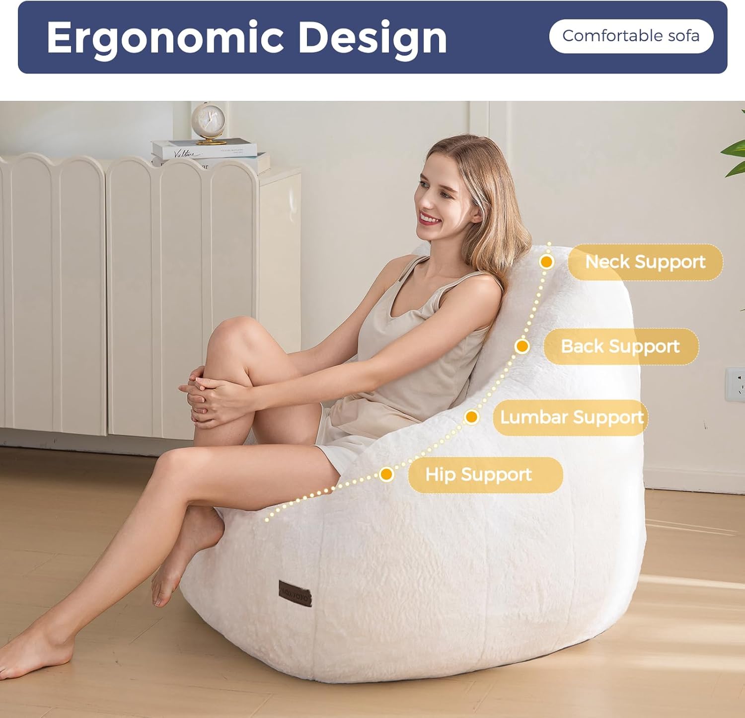 MAXYOYO Bean Bag Chair, Comfy Bean Bag Sofa with Back Support, Faux Fur Bean Bag Chair for Adults and Kids, Stuffed Floor Sofa for Living Room, Bedroom, Apartment, Beige