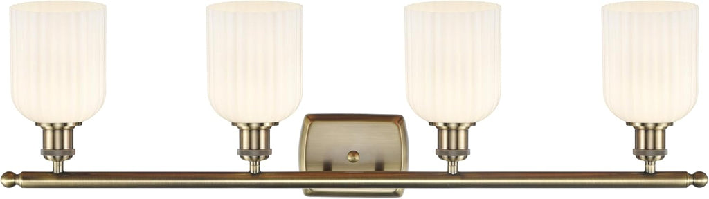 INNOVATIONS LIGHTING Ballston - Bridal Veil - 4 Light 35" Bath Vanity Light - Antique Brass Finish - Gloss White Shade