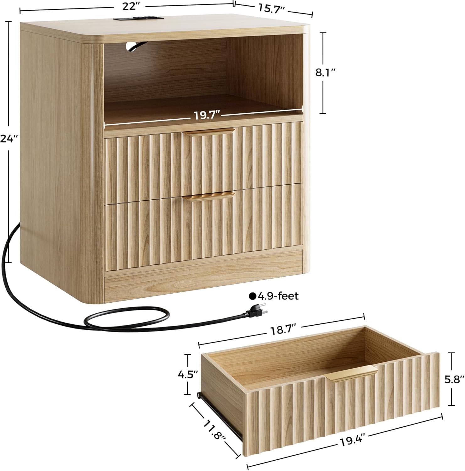 IRONCK Fluted Night Stand Set of 2, Modern Nightstand with Charging Station, Drawers and Open Shelves - Bedside Table Wood Side Table Set for Bedroom, Oak