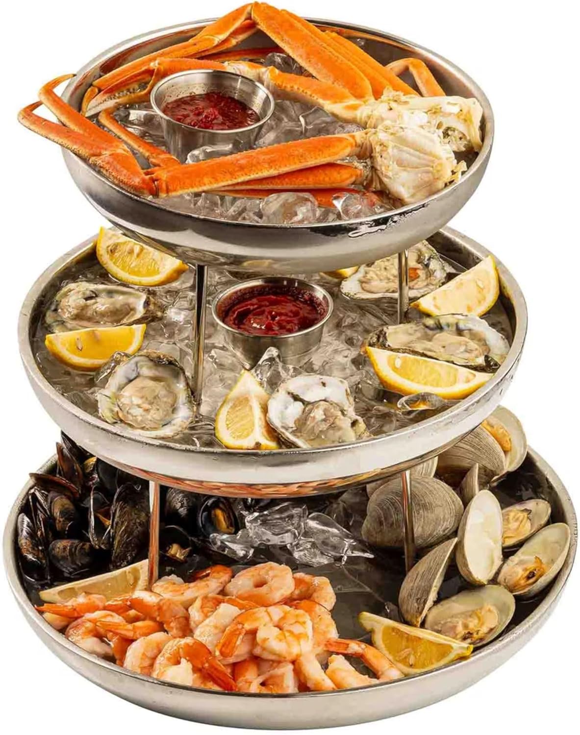 TableCraft 12913 Three-Tiered Seafood Tower, Double-Wall Stainless Steel Display with Polished Mirror Finish, Round 10", 12" & 14" Bowls, Elevated Chilled Presentation, 14" x 14" x 13.75", Silver