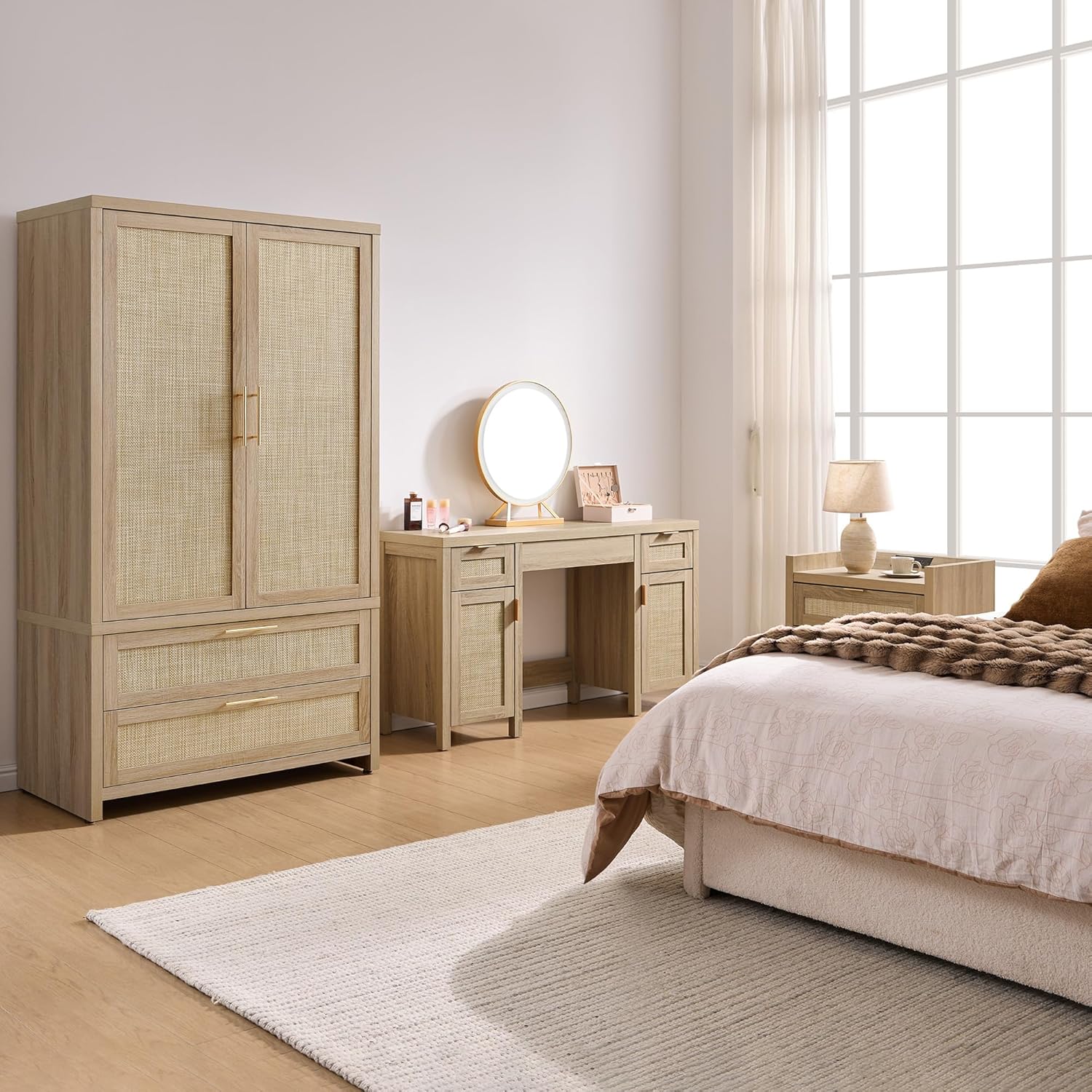 SICOTAS 52" Rattan Vanity Desk with Storage, Boho Farmhouse Makeup Dressing Table with 3 Drawers & 2 Cabinets, Wooden Home Office Desk for Bedroom, Light Oak