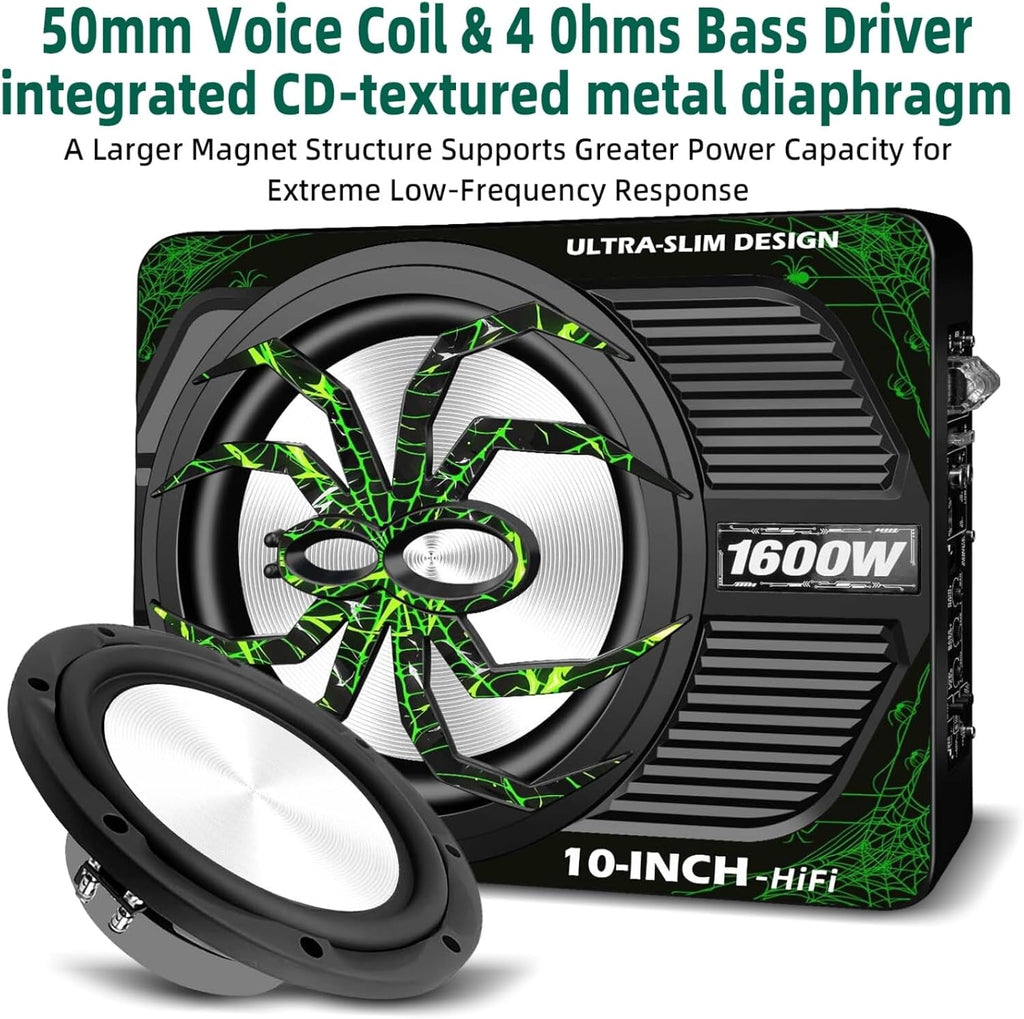 2026 Upgraded 1600W 10" Slim Under Seat Subwoofer with Built-in Amplifier - Powered Car Low Profile Bass Sub - Individual Controls (LPF/Gain/Bass Boost) LED Ambient Lights