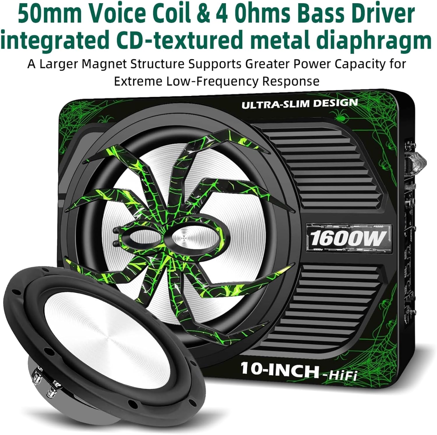 2026 Upgraded 1600W 10" Slim Under Seat Subwoofer with Built-in Amplifier - Powered Car Low Profile Bass Sub - Individual Controls (LPF/Gain/Bass Boost) LED Ambient Lights