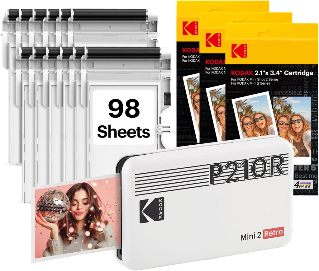 KODAK Mini 2 Retro 2x3 Portable Photo Printer, 98 Sheets, Bluetooth Smartphone Printer for iPhone & Android, Instant Color Prints, 4PASS Dye Sublimation, White