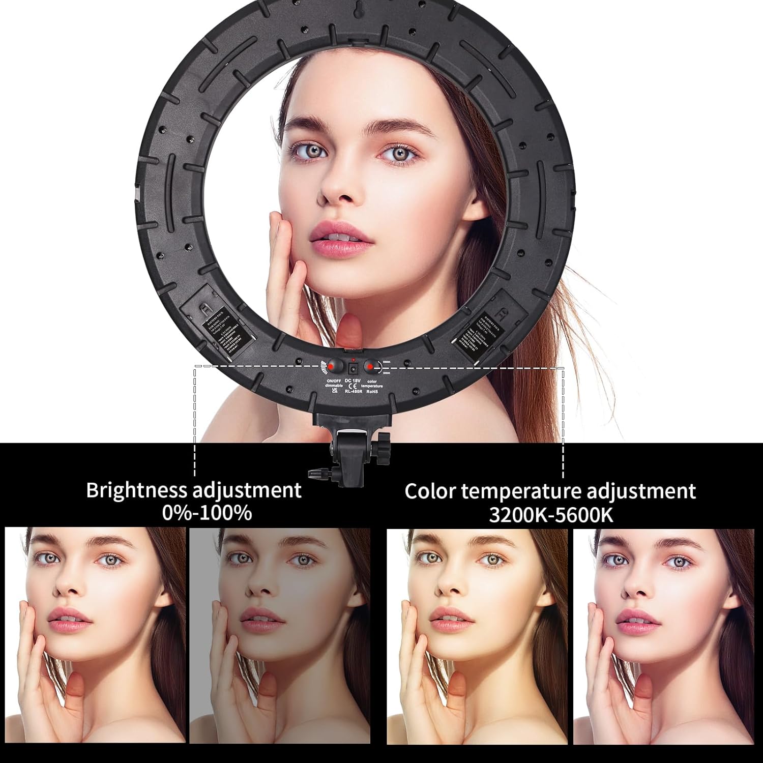 18" 60W LED Ring Light with Light Stand,Soft Tube,Phone Holder, Beauty Lighting Eyebrow Eyelash Extension Tattoo Lamp Makeup Selfie Live Streaming Dimmable Photography Studio Video Light
