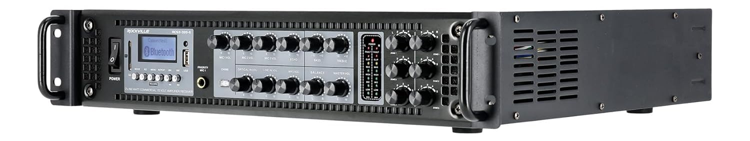 Rockville RCS2-320-6 320W 6-Zone Stereo/Mono Commercial 70V Amplifier, Bluetooth, USB/SD, Optical Input, Perfect for Restaurants, Schools, Offices, and Multi-Room Audio