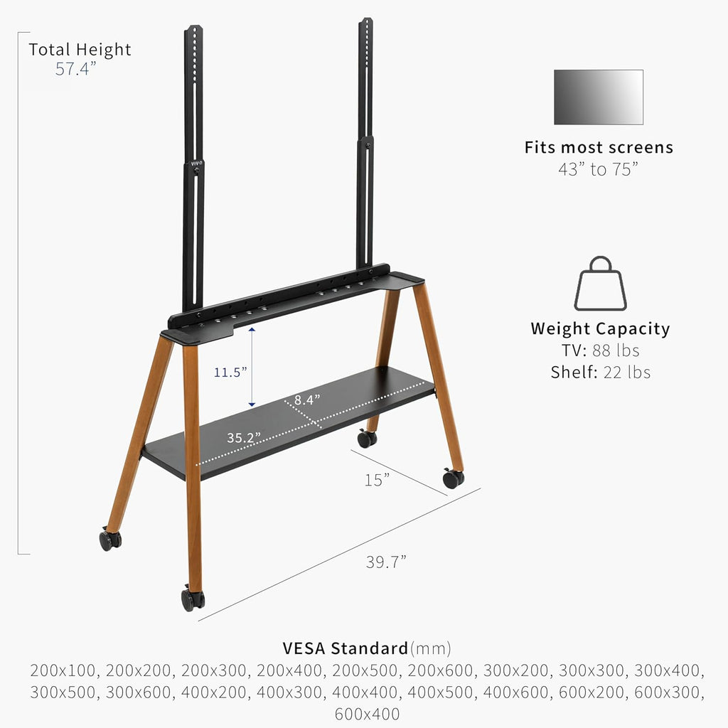 VIVO Rolling Artistic 43 to 75 inch LED LCD Screen Mobile Studio TV Easel Stand, Wood Accessory Shelf, Adjustable TV Mount with 4 Walnut Legs, Black Frame, STAND-TV75R