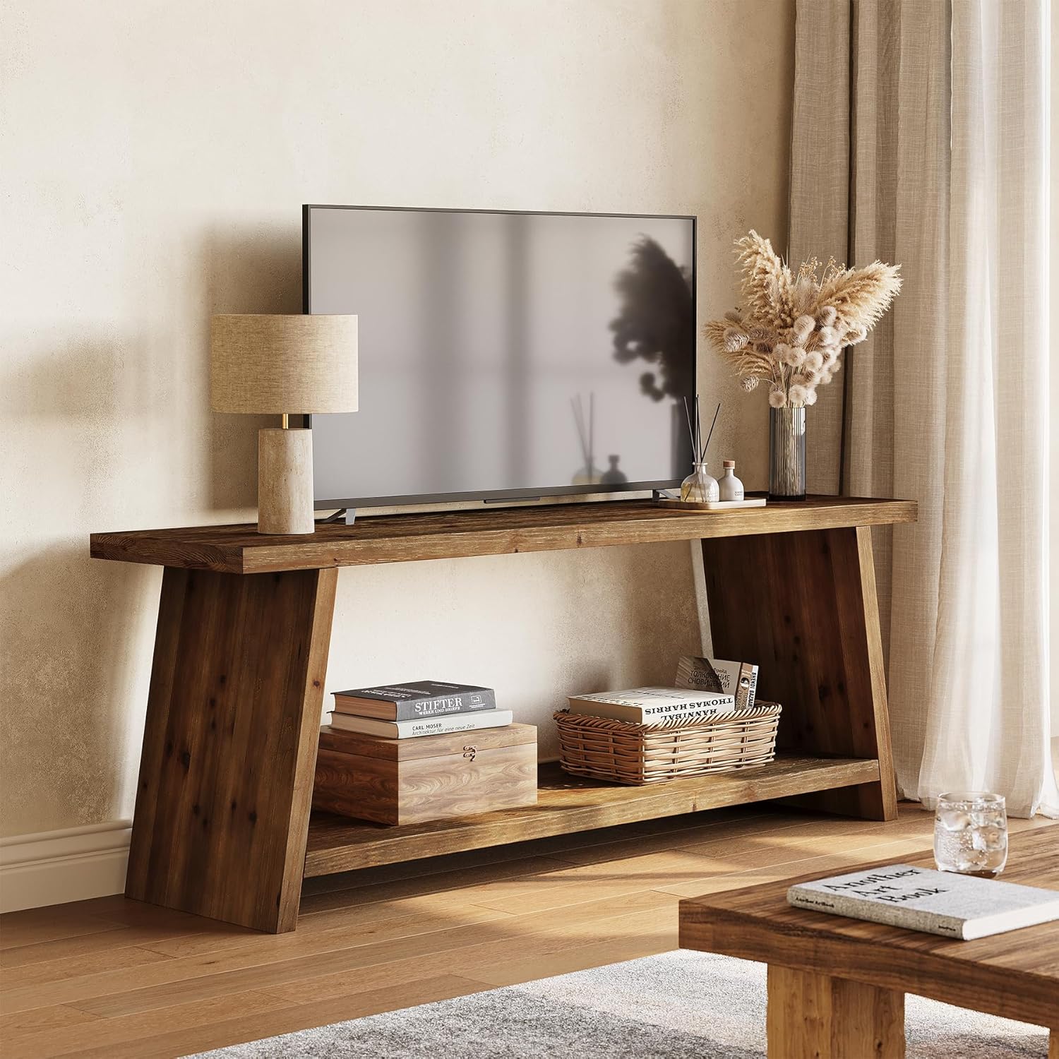 LITTLE TREE Solid Wood TV Stand, Farmhouse Media Console for 55/60/65 inch TV, 2-Tier Mid-Century Modern TV Stand with Storage, for Living Room, Entertainment Center (Walnut, 63-Inch)
