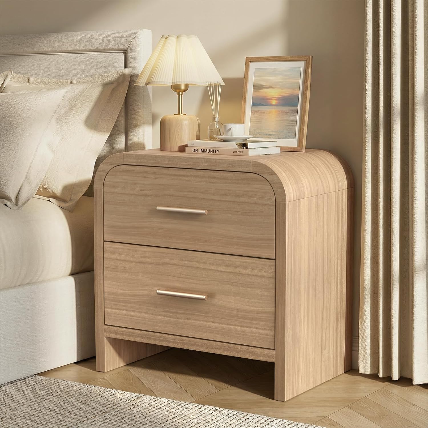 3-Piece Modern Bedroom Furniture Set, 6-Drawer& 2-Drawer Nightstands Set of 2, Unique Curved Design Wooden Dresser and Nightstand Sets for Bedroom, Hallway, Oak