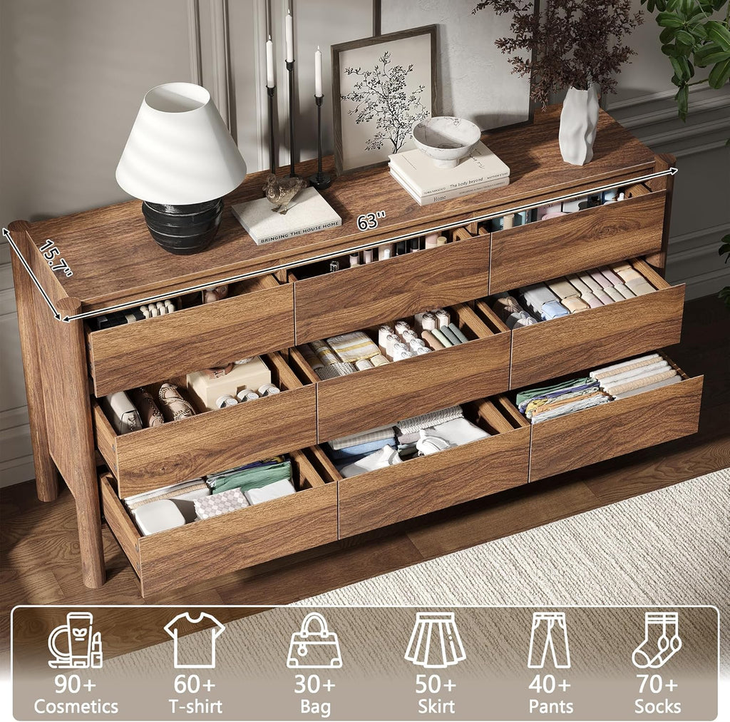 CHUWELL 3-Piece Bedroom Dresser Set-9 Drawer Dresser & 2 Nightstands,47" Wide Walnurt Dresser and Night Stands with Solid Wood Cylindrical Legs,Rustic Wooden Storage for Bedroom