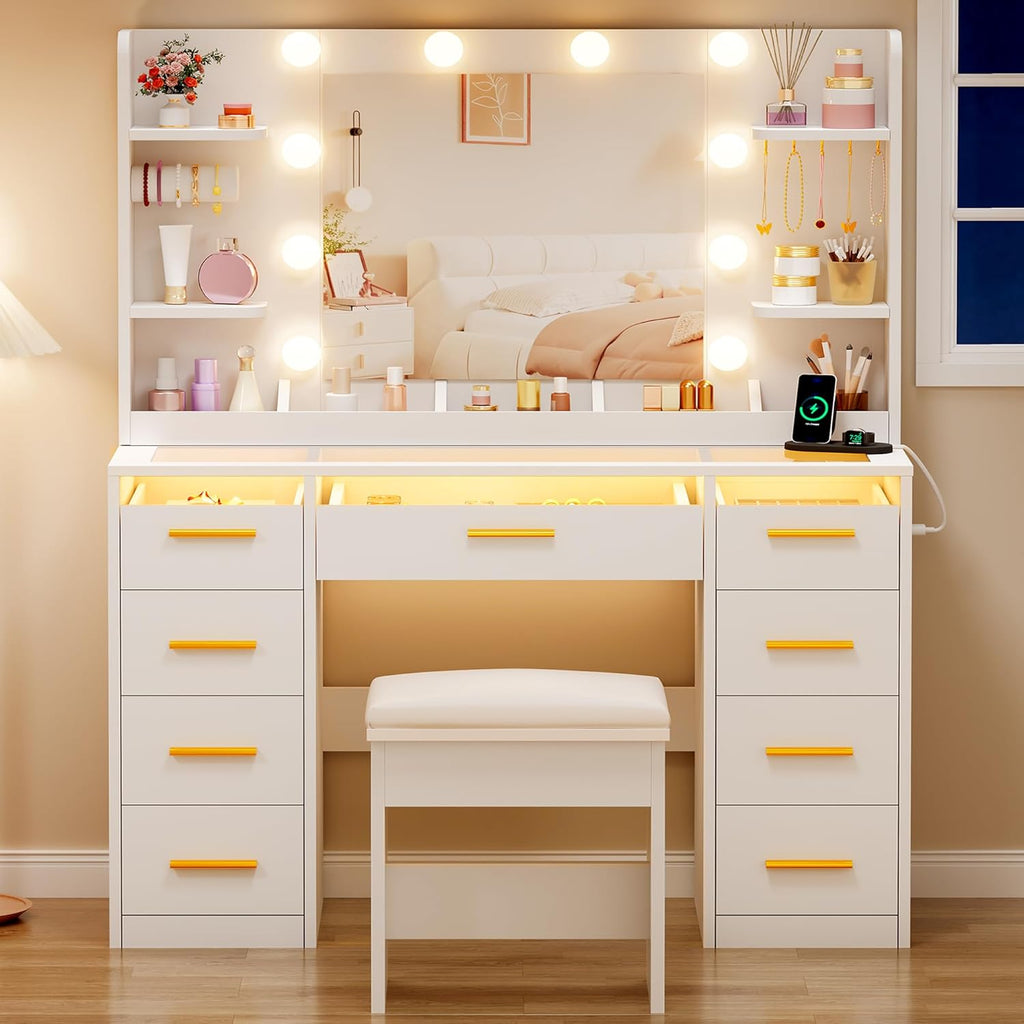 ANWBROAD Vanity Desk with Mirror and Lights 3 Colors Large Makeup Vanity Table Set Transparent Glass Top with 9 RGB Drawers, 4 Shelves Vanity Desk with Stool Power Outlet White Bedroom Women UBDT94W