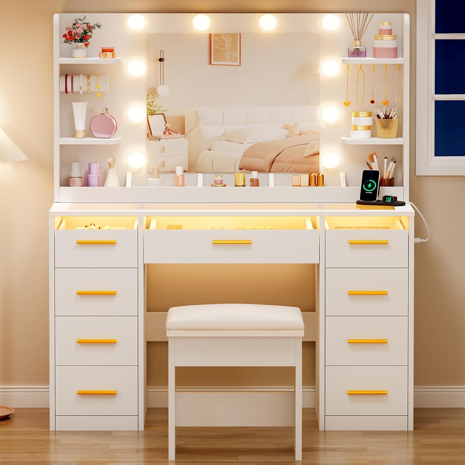 ANWBROAD Vanity Desk with Mirror and Lights 3 Colors Large Makeup Vanity Table Set Transparent Glass Top with 9 RGB Drawers, 4 Shelves Vanity Desk with Stool Power Outlet White Bedroom Women UBDT94W