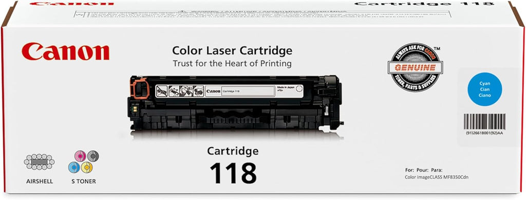Canon 118 Genuine Cyan Toner Cartridge Compatible with MF720 Series, LBP7200Cdn, LBP7660Cdn, MF8300 Series, MF8580Cdw