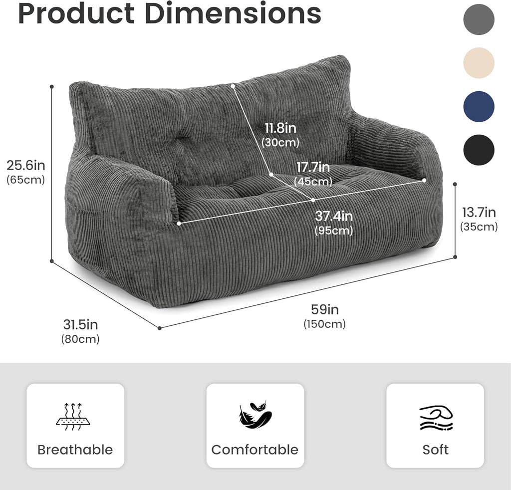 Pamapic 59" Bean Bag Chair,2 Seat Loveseat Sofa,Ultra Soft Dutch Velvet,Fluffy Comfort Washable Cover,Corduroy Lazy Sofa Bed for Adults,Fit Living Room, Bedroom,Outdoor Spaces,72h Rebound,Gray