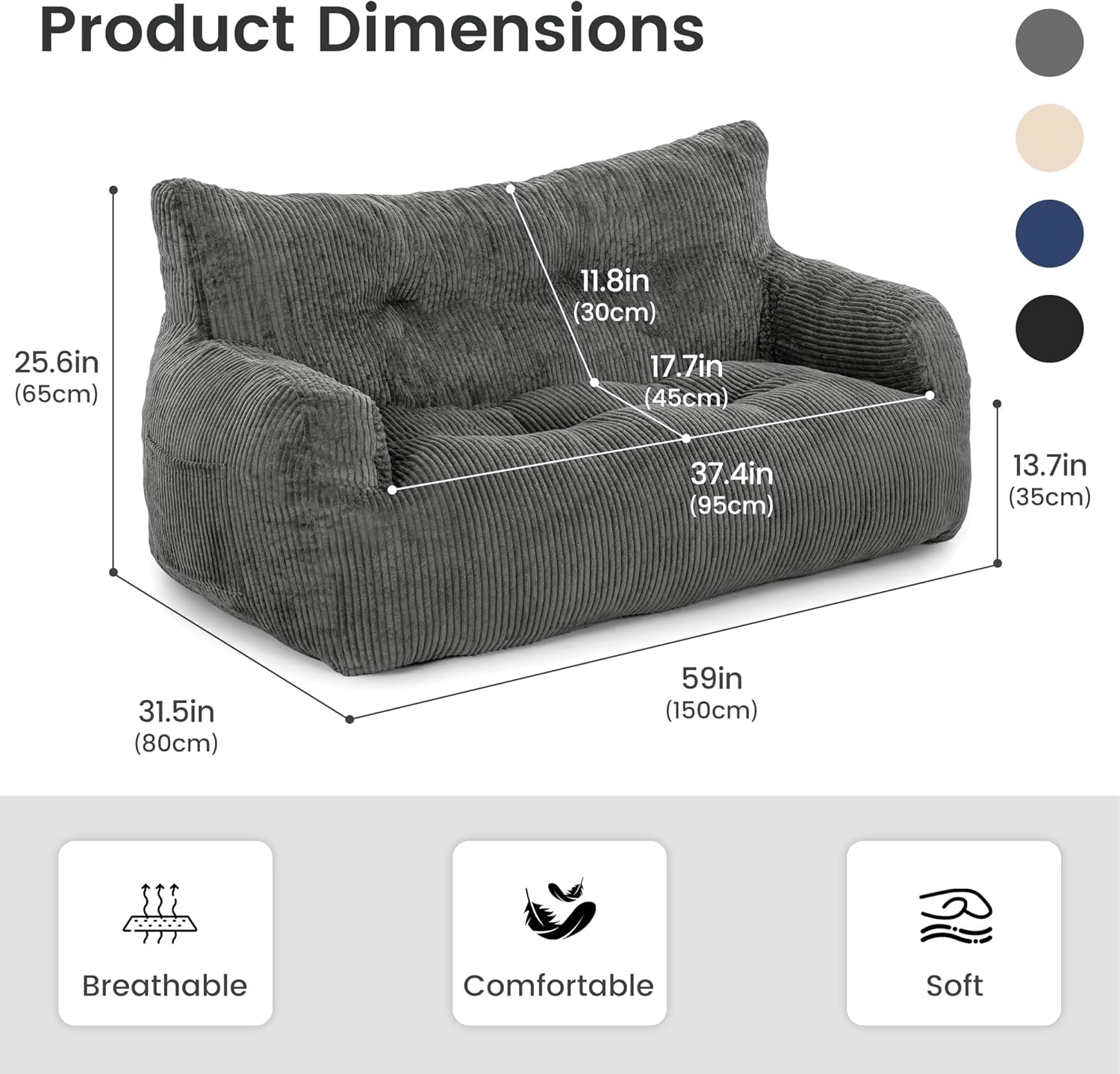 Pamapic 59" Bean Bag Chair,2 Seat Loveseat Sofa,Ultra Soft Dutch Velvet,Fluffy Comfort Washable Cover,Corduroy Lazy Sofa Bed for Adults,Fit Living Room, Bedroom,Outdoor Spaces,72h Rebound,Gray