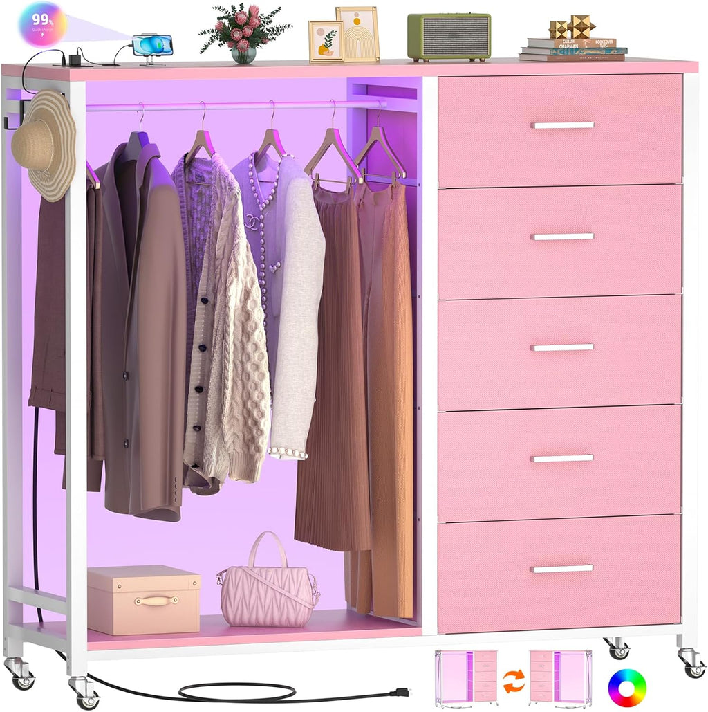 Cyclysio Dresser with Hanging Rack, 5 Fabric Drawers Dresser with Clothes Rack, Wooden Top Storage Chest of Drawers with Charging Station & LED Lights, Lockable Wheels, Closet