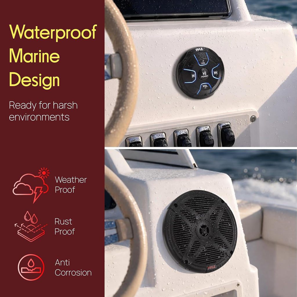 6.5'' Dual Marine Speakers Kit - Waterproof-Rated w/Amplified Bluetooth Remote Control Receiver for Powersport Vehicles, IP65 Marine Grade Rating, 600 Watt Max Power - Pyle PLMRKT8