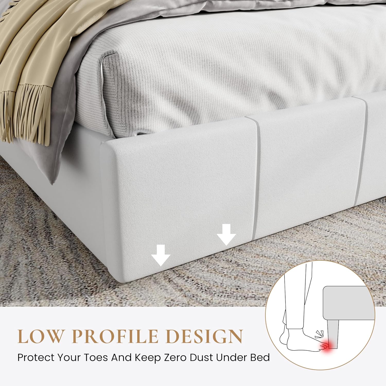 SHA CERLIN Full Size Bed Frame, Velvet Upholstered Platform Bed, Vertical Channel Tufted Adjustable Headboard, Low Profile Bed Frame, No Box Spring Needed, Easy Assembly, White