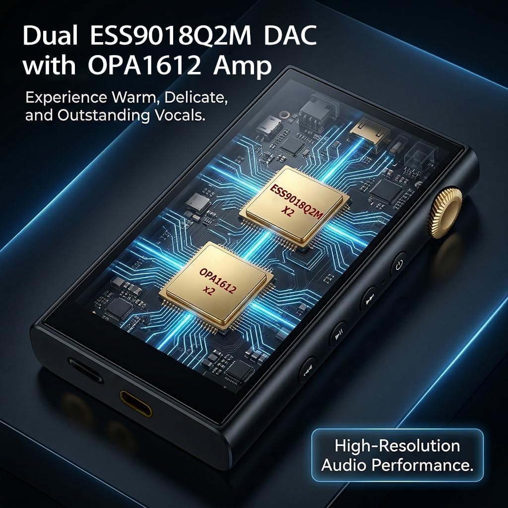 Hi-Res Music Player MP3 with Android - Dual ESS9018Q2M DAC Chips, 13H Playtime Bluetooth 5.2 WiFi USB Digital Audio Player, 4.4mm Balanced Output, Supports ISO/DTS/DSD512
