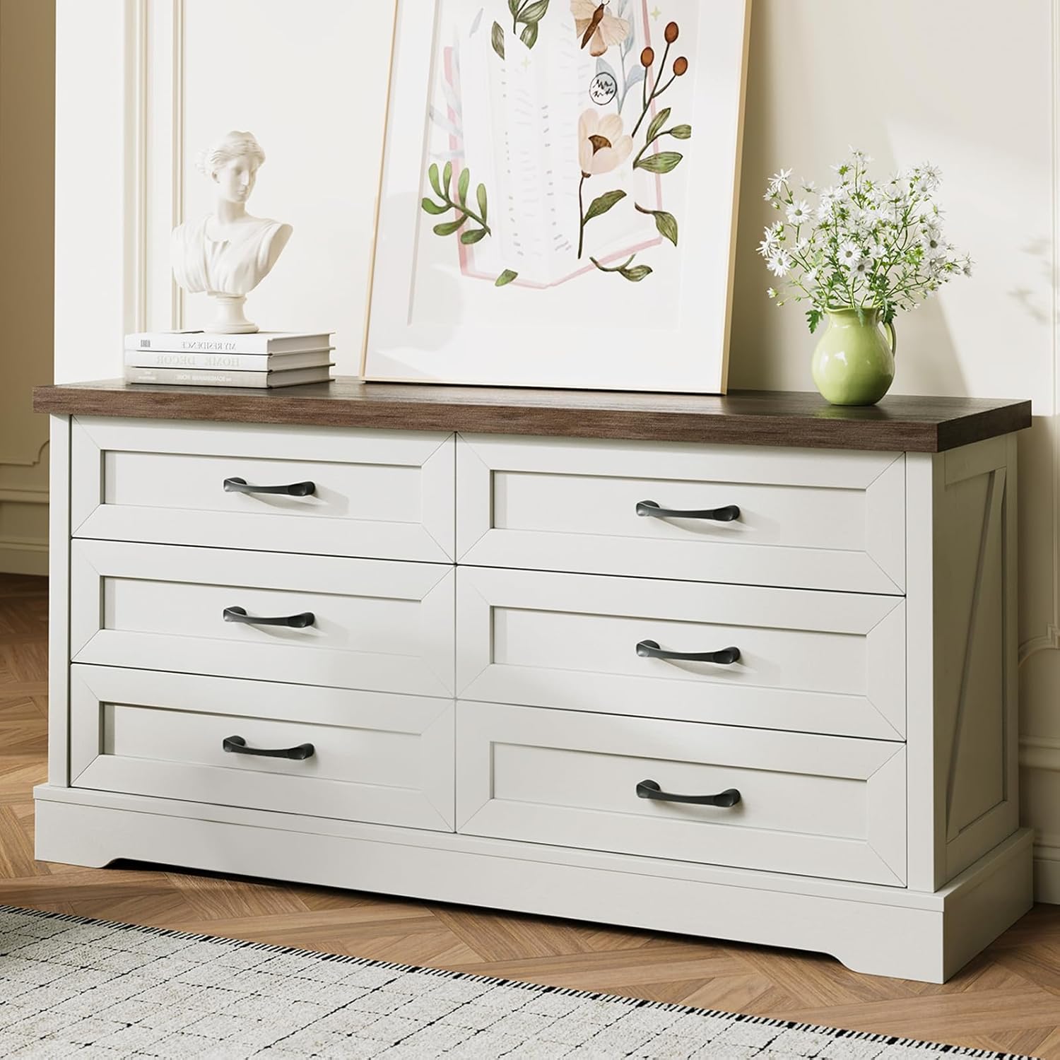 AODK Farmhouse 6-Drawer Dresser for Bedroom, Heavy-Duty Storage Chest with Extra Thick Boards & Metal Handles, Sturdy Chest of Drawers, Anti-Tipping Safety Certified, White & Walnut