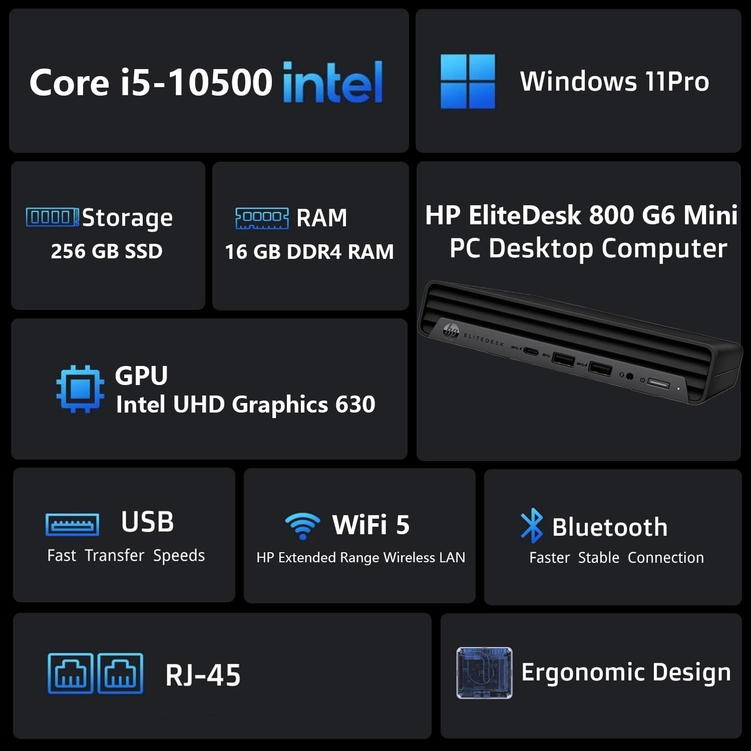 HP Mini PC, EliteDesk 800 G6 Mini Desktop Computer, Core i5-10500T 6Cores, 16GB RAM, 256GB SSD, Keyboard & Mouse, Wi-Fi, Windows 11 Pro(Renewed)