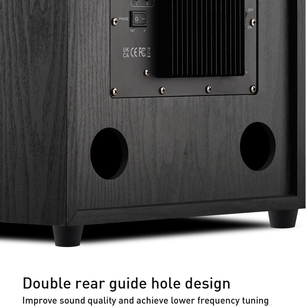 12" Active Home Theater subwoofer, Featuring RCA Input and Output interfaces, 400W RMS, Medium-Density fiberboard Cabinet with Heat Sink, Adjustable Crossover Frequency Range from 15-180 Hz.