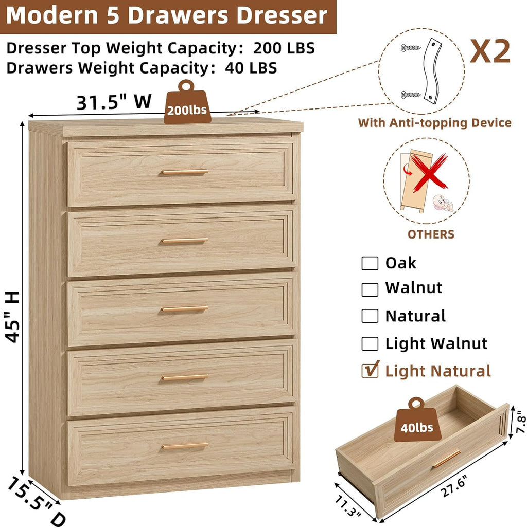 RWYHG Dresser Set for Bedroom with 5 Drawers 45" Tall Wood Closet Organizer with Metal Handle Furniture for Living Room Hallway Natural