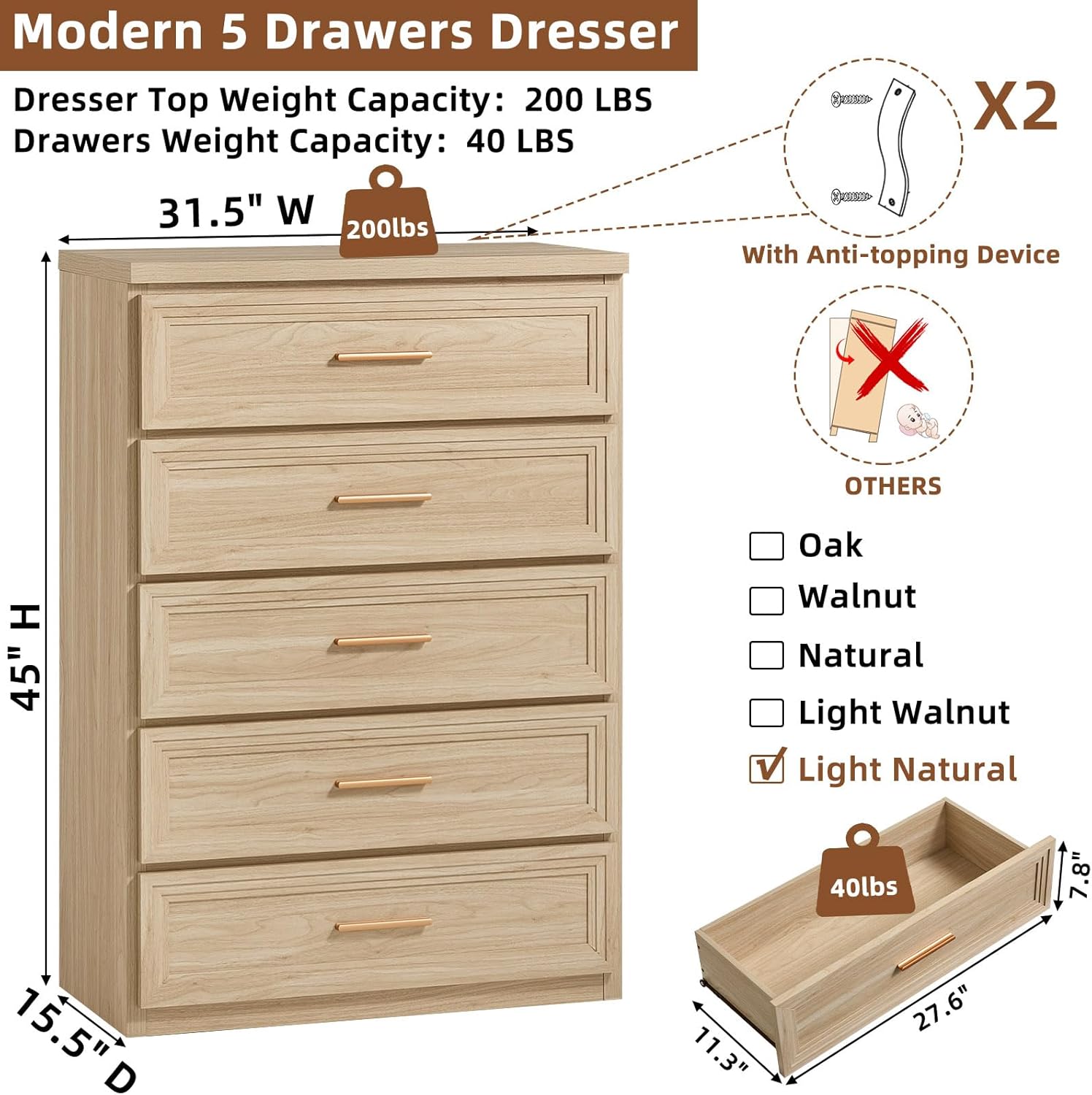 RWYHG Dresser Set for Bedroom with 5 Drawers 45" Tall Wood Closet Organizer with Metal Handle Furniture for Living Room Hallway Natural