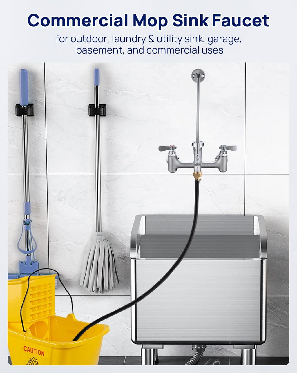 Commercial Mop Sink Faucet 8" Center Wall Mount, Heavy-Duty Service Sink Faucet with Vacuum Breaker 3/4" Hose Thread, for Industrial Outdoor Janitor Floor Mop Sink, Brass Casted Chrome Finish