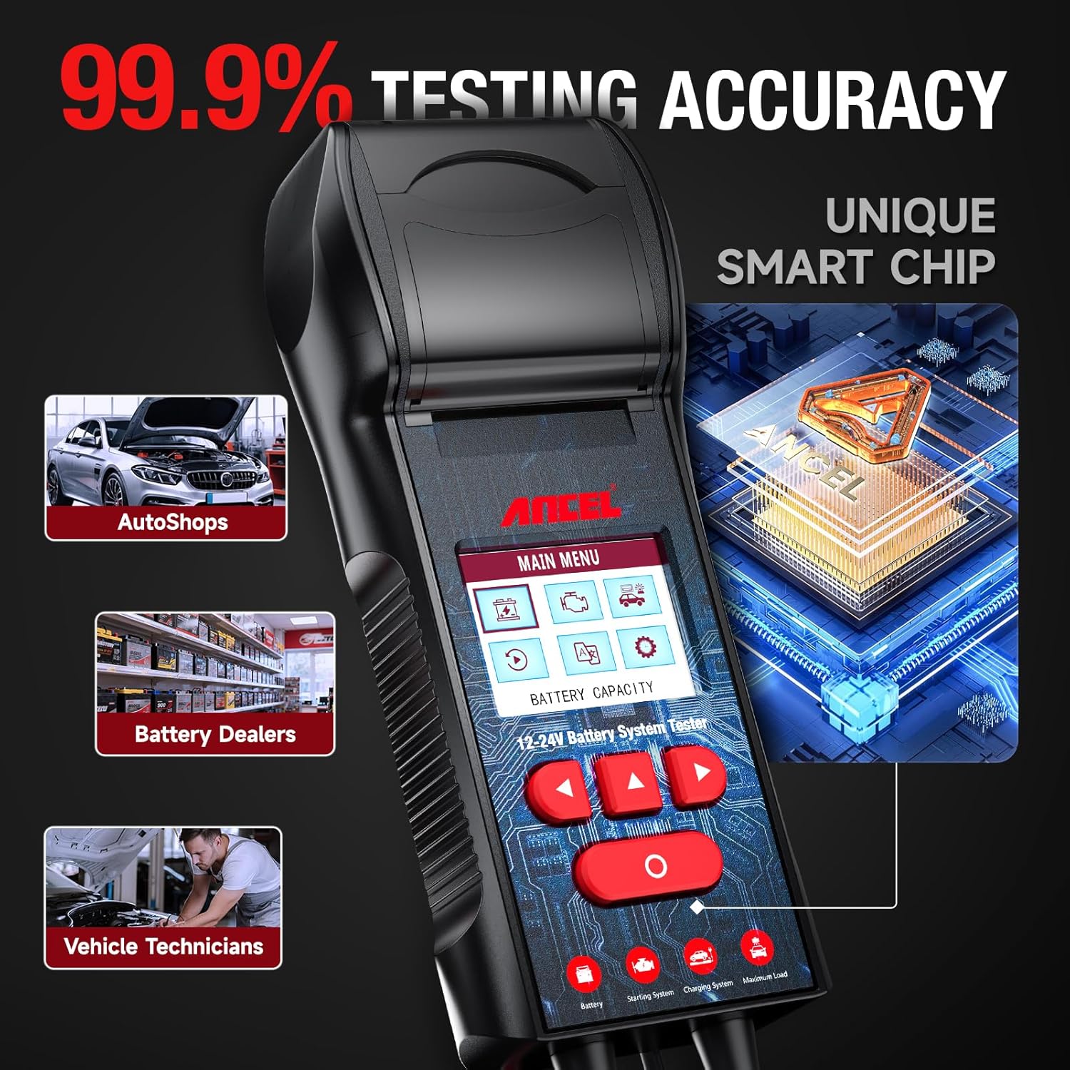 ANCEL BST600 Battery Tester with Printer, 12V 24V 100-2000 CCA Load Tester, Cranking Charging System Test for Cars, Heavy Duty Trucks, Marine, RV, SUV, Motorcycle