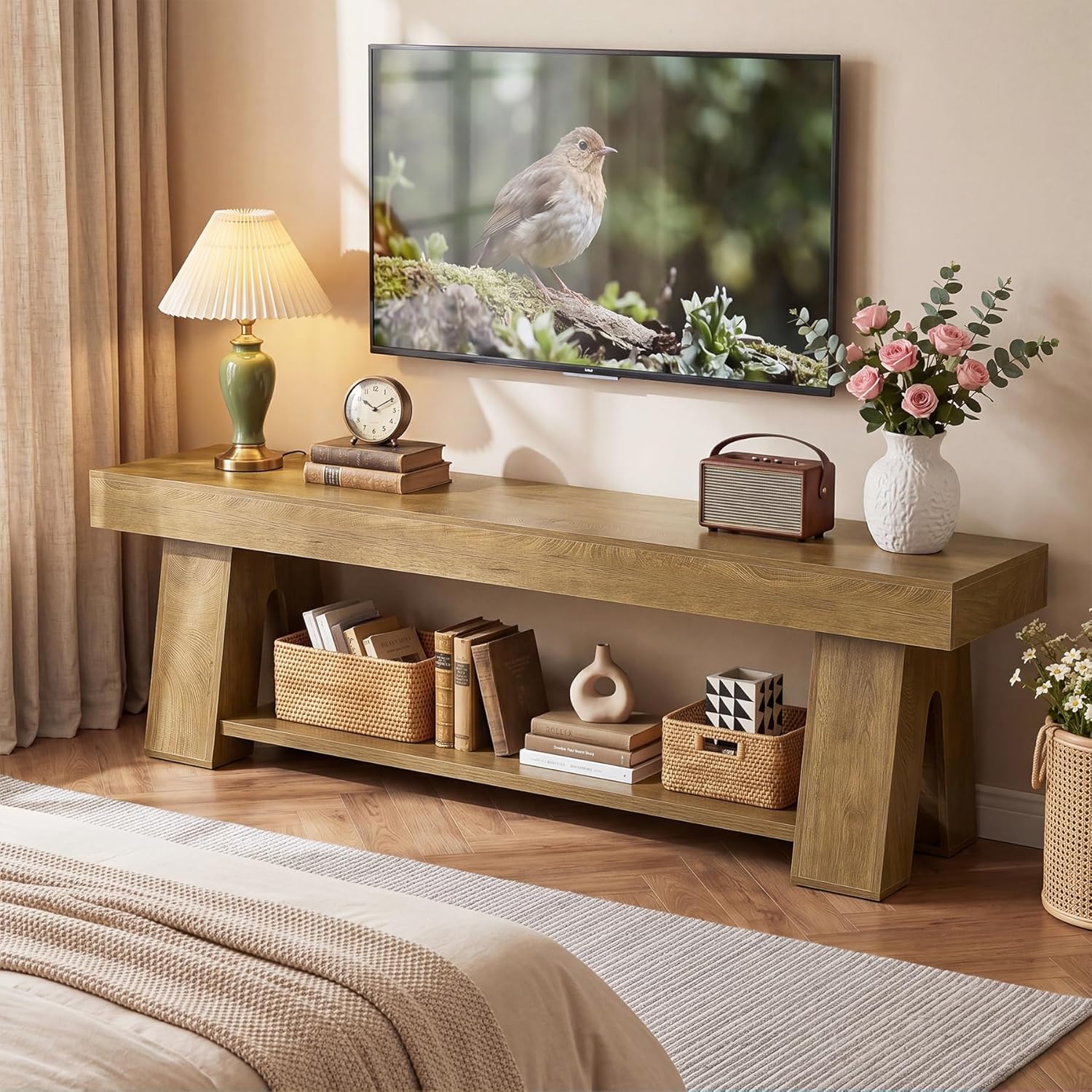 Tribesigns Wooden TV Stand for TVs up to 65'', Natural Brown Modern Entertainment Center with Lower Open Shelf, 63" Farmhouse TV Media Console for Living Room, Bedroom or Home Office