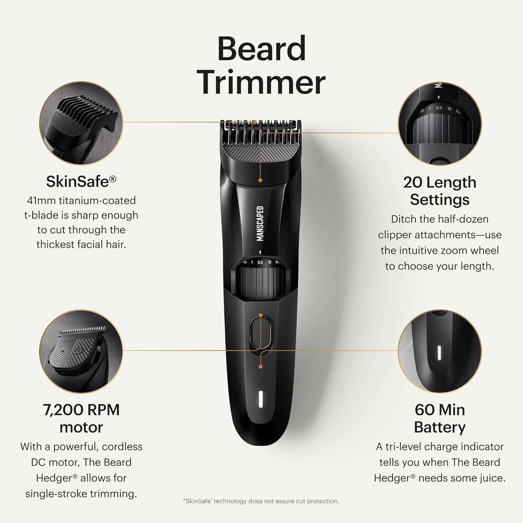 MANSCAPED® The Beard Hedger® Men's Premium Beard Trimmer, 20 Length Adjustable Blade Wheel, Stainless Steel T-Blade for Precision Facial Hair Trimming, Cordless Waterproof Wet/Dry Clipper