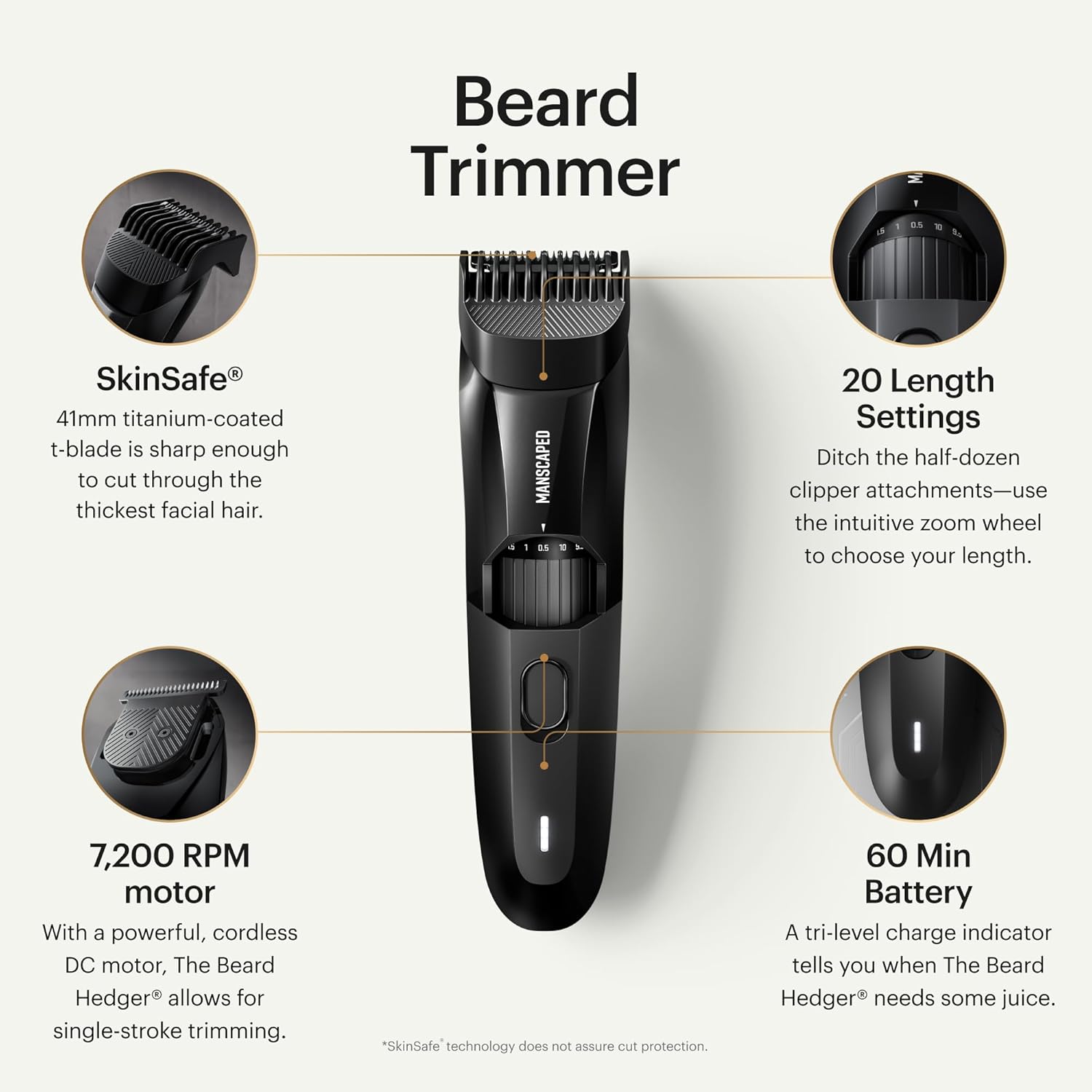 MANSCAPED® The Beard Hedger® Men's Premium Beard Trimmer, 20 Length Adjustable Blade Wheel, Stainless Steel T-Blade for Precision Facial Hair Trimming, Cordless Waterproof Wet/Dry Clipper