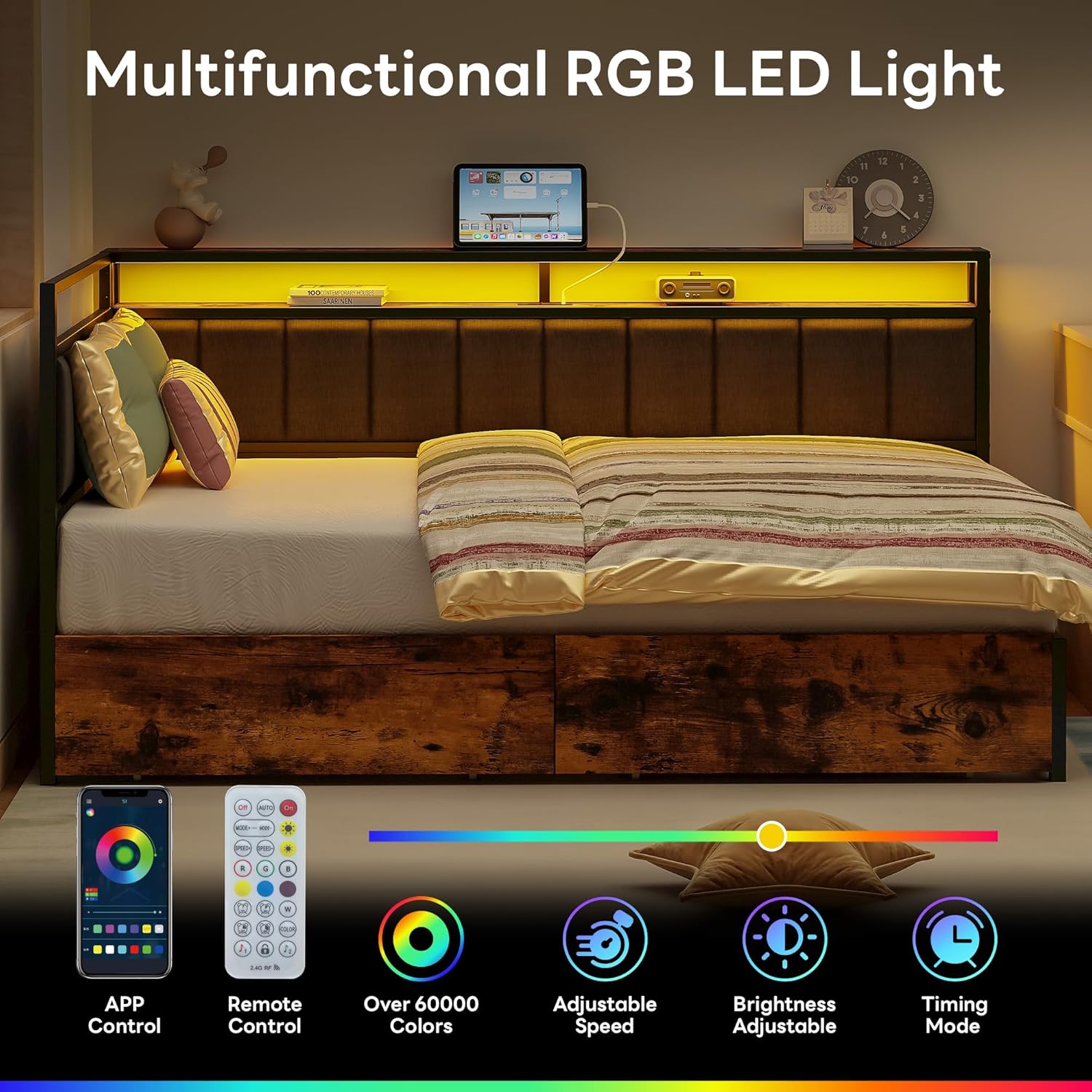 LIKIMIO Corner Bed Frame Full Daybed with Storage Drawers, Metal Platform Bed Frame with LED Light, Charging Station & Fabric Upholstered Fence, Black
