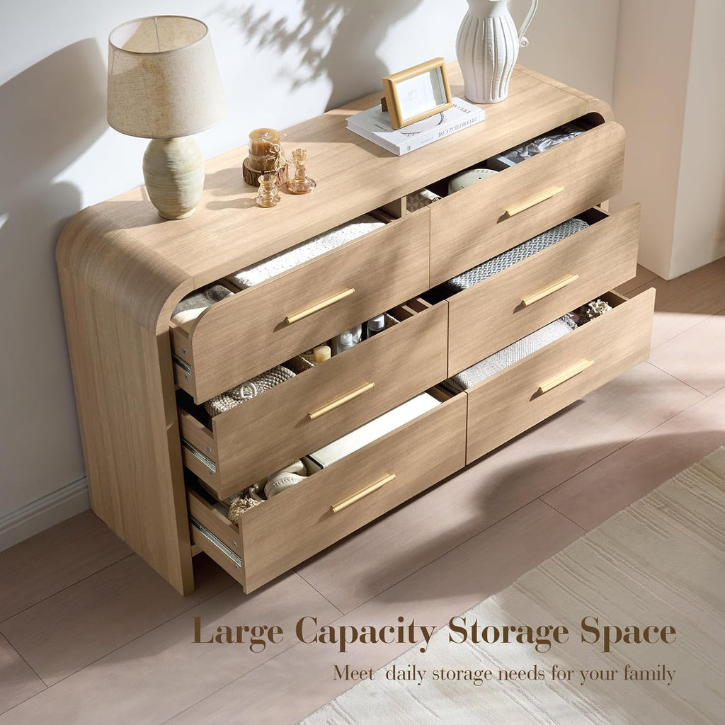 3-Piece Modern Bedroom Furniture Set, 6-Drawer& 2-Drawer Nightstands Set of 2, Unique Curved Design Wooden Dresser and Nightstand Sets for Bedroom, Hallway, Oak