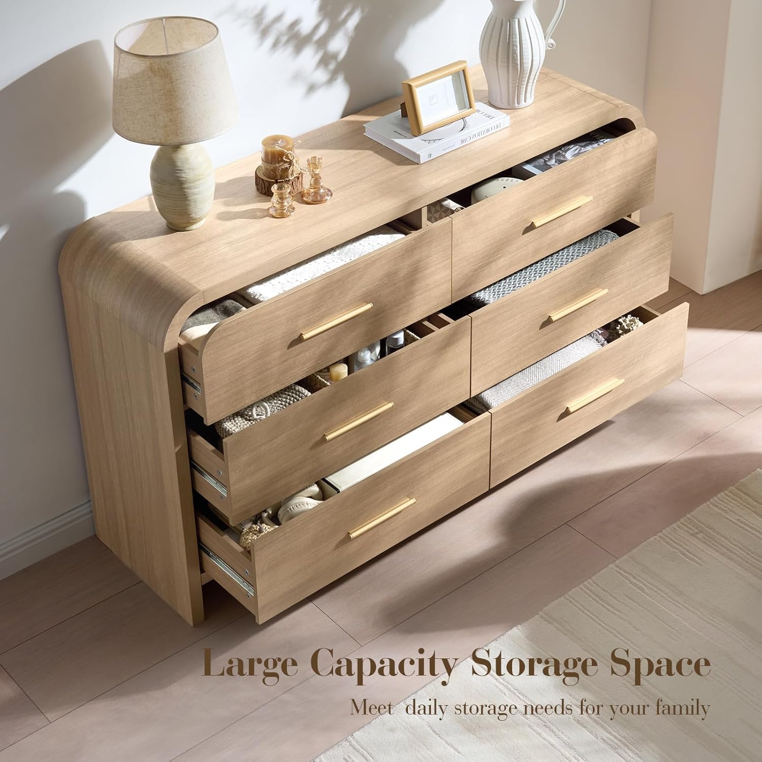 3-Piece Modern Bedroom Furniture Set, 6-Drawer& 2-Drawer Nightstands Set of 2, Unique Curved Design Wooden Dresser and Nightstand Sets for Bedroom, Hallway, Oak